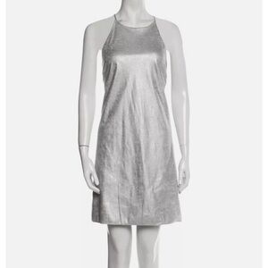 H Halston Metallic Crackle Silver High Neck Halter Mini Dress - 14